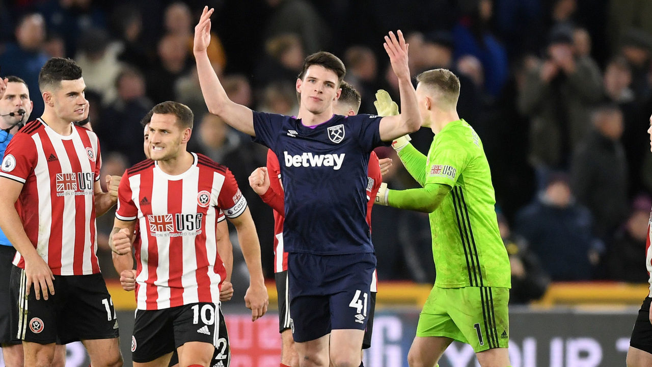 SHEFFIELD, ENGLAND - JANUARY 10: Declan Rice of West Ham United reacts after his hand ball rules Robert Snodgrass of West Ham United (not pictured) goal disallowed by VAR during the Premier League match between Sheffield United and West Ham United at Bramall Lane on January 10, 2020 in Sheffield, United Kingdom.