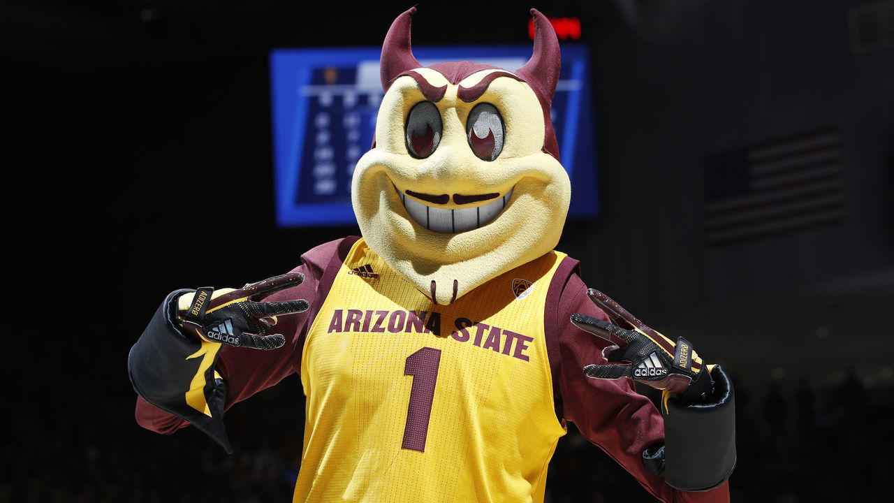 DAYTON, OHIO - MARCH 20: The Arizona State Sun Devils mascot performs during the second half against the St. John's Red Storm in the First Four of the 2019 NCAA Men's Basketball Tournament at UD Arena on March 20, 2019 in Dayton, Ohio.