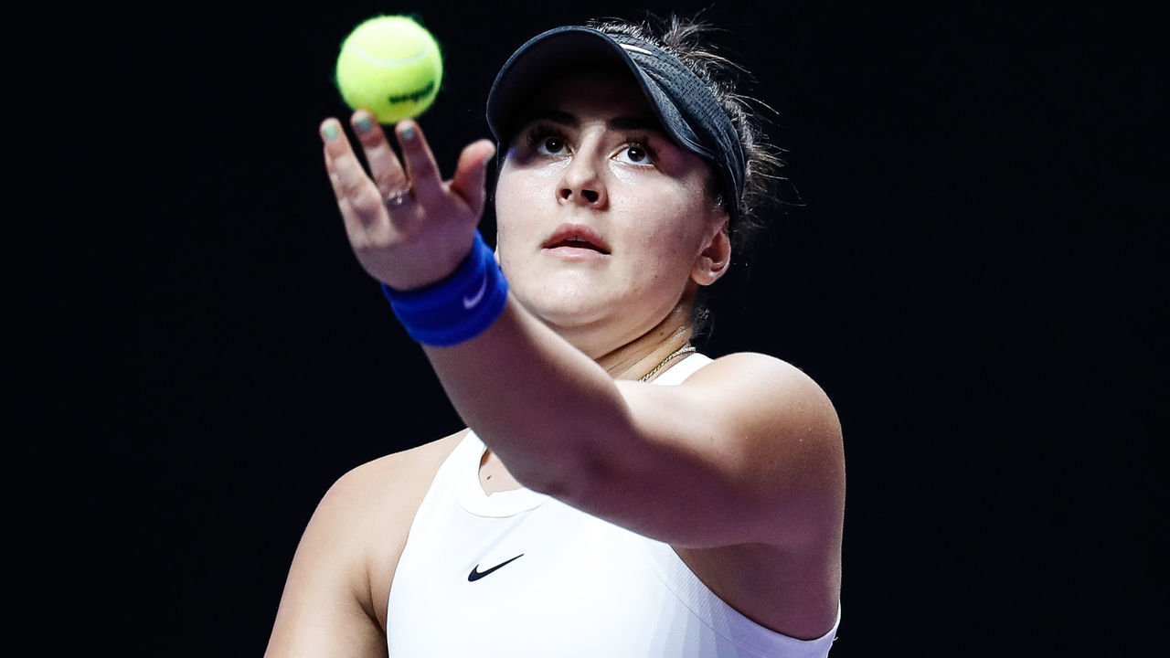 SHENZHEN, CHINA - OCTOBER 30: Bianca Andreescu of Canada serves in the Women's Singles group match against Karolina Pliskova of the Czech Republic on Day four of the 2019 WTA Finals at Shenzhen Bay Sports Center on October 30, 2019 in Shenzhen, Guangdong Province of China.
