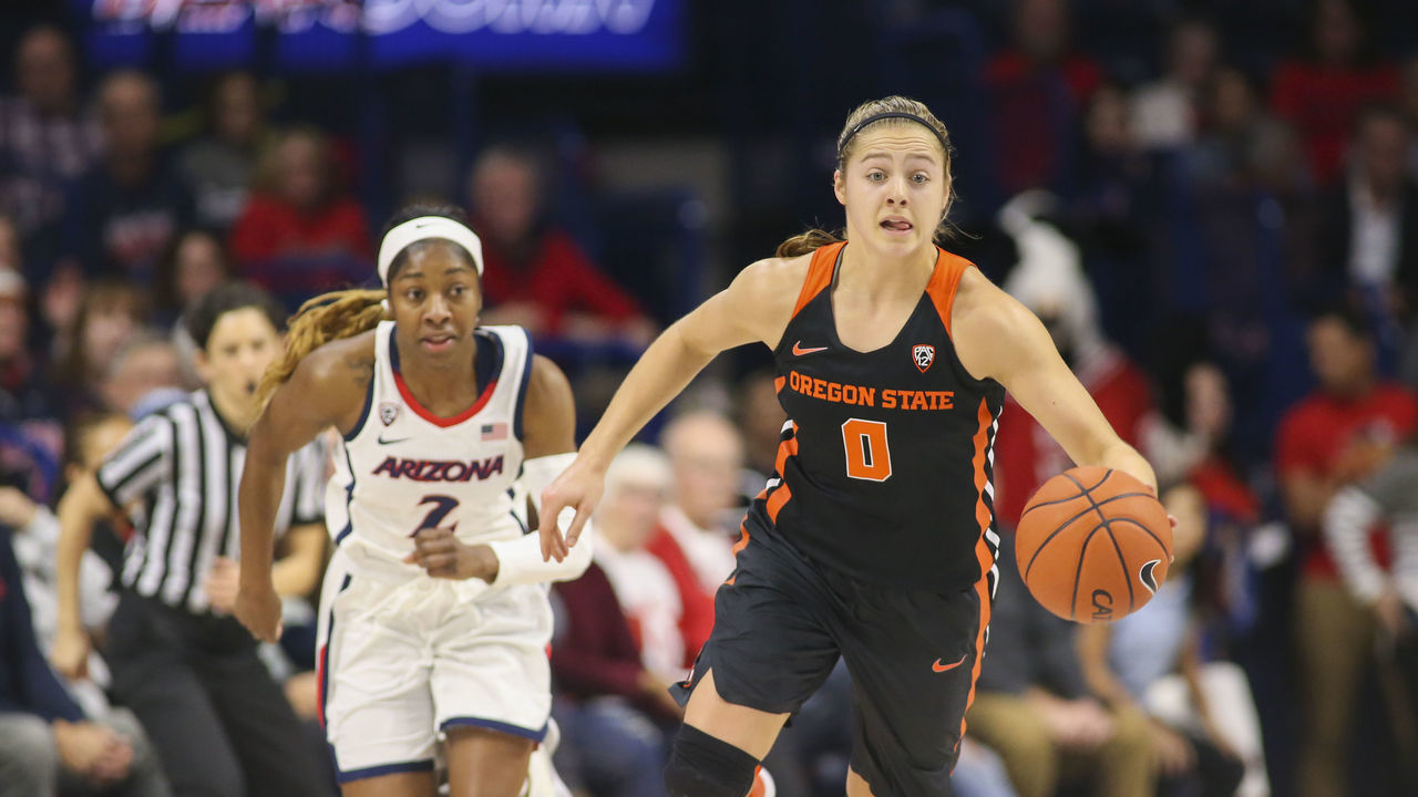 TUCSON, AZ - JANUARY 10: Oregon State Beavers guard Mikayla Pivec (0) dribbles the ball down the court during a college women's basketball game between the Oregon State Beavers and the Arizona Wildcats on January 10, 2019, at McKale Center in Tucson, AZ.