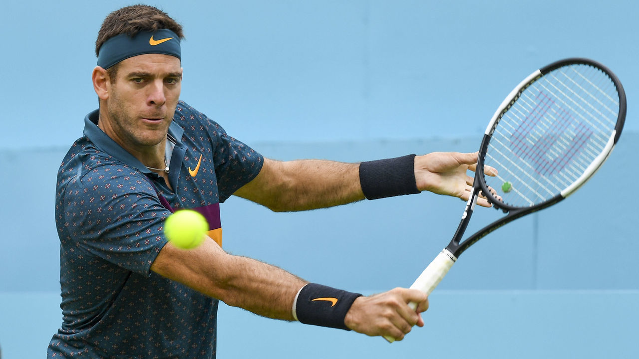 Juan Martin Del Potro of Argentina is pictured in action during day three of ATP Fever-Tree Championships tennis tournament at Queen's Club in west London on June 19, 2019.