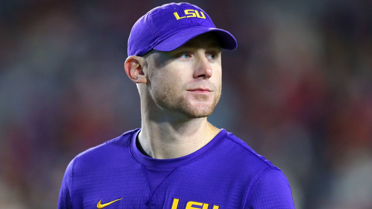 OXFORD, MISSISSIPPI - NOVEMBER 16: Passing coordinator Joe Brady of the LSU Tigers reacts during a game against the Mississippi Rebels at Vaught-Hemingway Stadium on November 16, 2019 in Oxford, Mississippi.