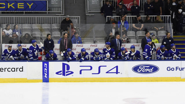 TORONTO, ON - JANUARY 9: The Toronto Marlies watch the play develop against the Utica Comets during AHL game action on January 9, 2019 at Coca Cola Coliseum in Toronto, Ontario, Canada.