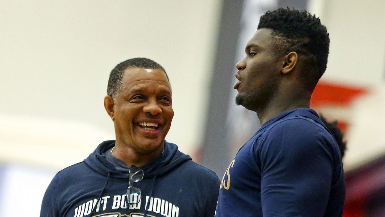 METAIRIE, LA - OCTOBER 16: Alvin Gentry and Zion Williamson #1 of the New Orleans Pelicans talk during an all access practice at Ochsner Sports Performance Center in Metairie, Louisiana on October 16, 2019. Mandatory Copyright Notice: Copyright 2018 NBAE