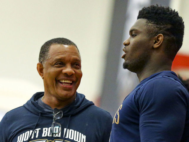 METAIRIE, LA - OCTOBER 16: Alvin Gentry and Zion Williamson #1 of the New Orleans Pelicans talk during an all access practice at Ochsner Sports Performance Center in Metairie, Louisiana on October 16, 2019. Mandatory Copyright Notice: Copyright 2018 NBAE
