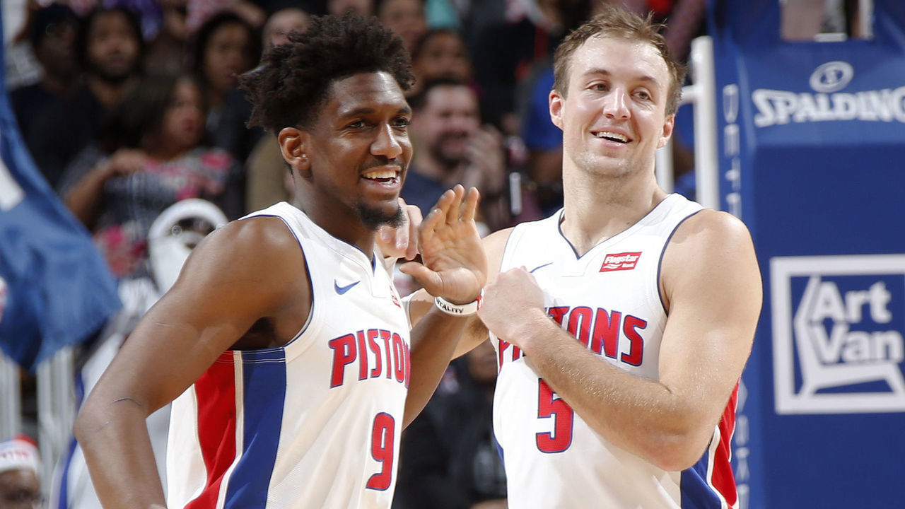 DETROIT, MI - DECEMBER 16: Langston Galloway #9 of the Detroit Pistons and Luke Kennard #5 react to a play during the game against the Washington Wizards on December 16, 2019 at Little Caesars Arena in Detroit, Michigan. NOTE TO USER: User expressly acknowledges and agrees that, by downloading and/or using this photograph, User is consenting to the terms and conditions of the Getty Images License Agreement. Mandatory Copyright Notice: Copyright 2019 NBAE