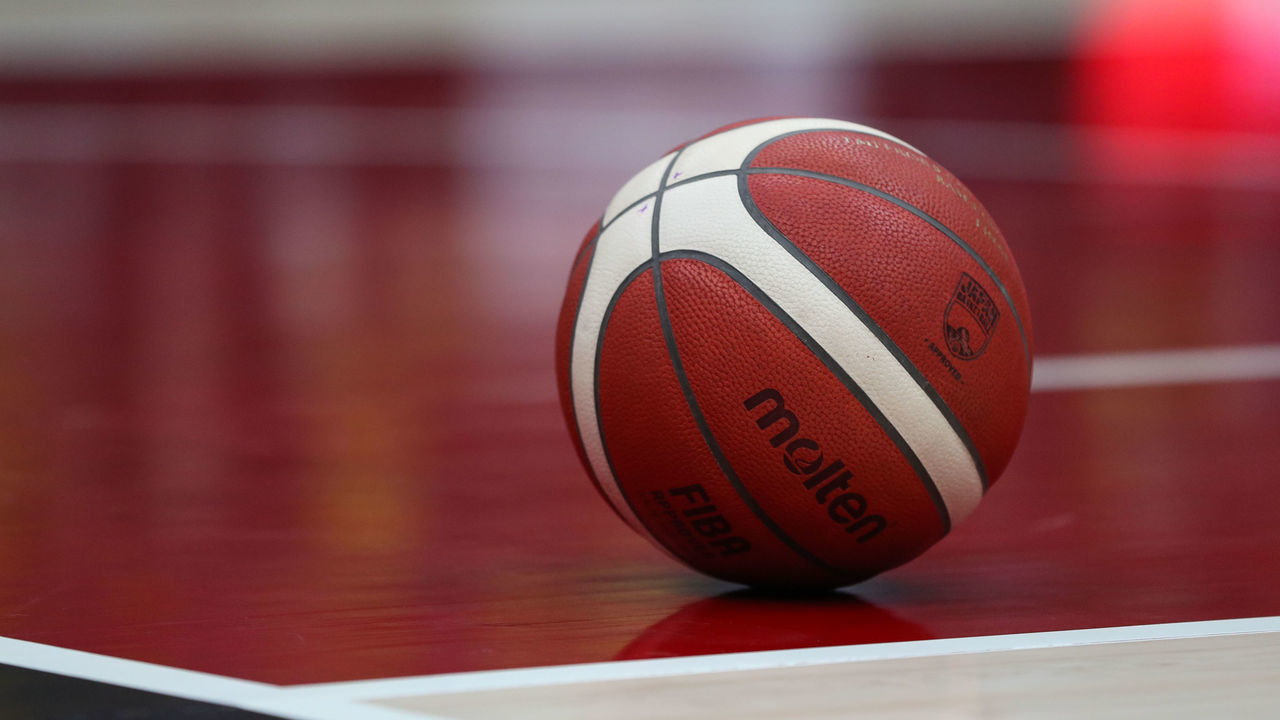 SAITAMA, JAPAN - JANUARY 11: An official game ball sits on the court during the basketball Emperor's Cup semi final between Sun Rockers Shibuya and Shiga Lakestars at the Saitama Super Arena on January 11, 2020 in Saitama, Japan.