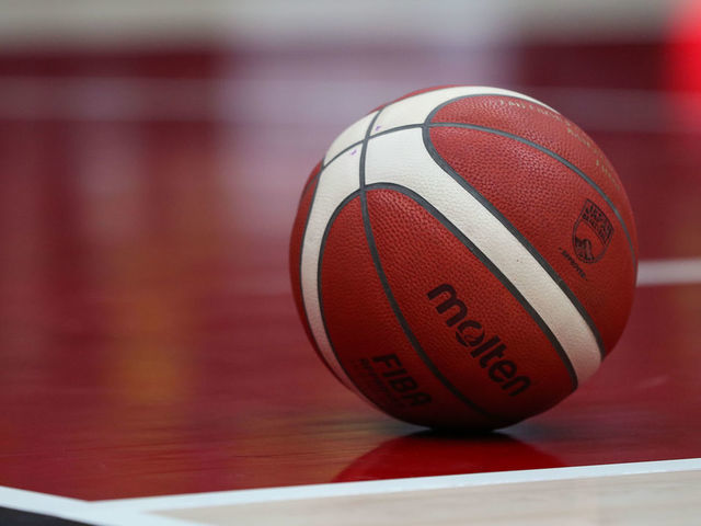 SAITAMA, JAPAN - JANUARY 11: An official game ball sits on the court during the basketball Emperor's Cup semi final between Sun Rockers Shibuya and Shiga Lakestars at the Saitama Super Arena on January 11, 2020 in Saitama, Japan.