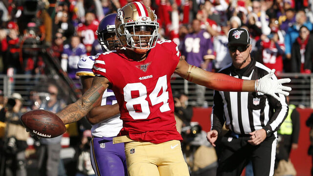 SANTA CLARA, CALIFORNIA - JANUARY 11: Kendrick Bourne #84 of the San Francisco 49ers celebrates a touchdown during the first quarter against the Minnesota Vikings during the NFC Divisional Round Playoff game at Levi's Stadium on January 11, 2020 in Santa Clara, California.