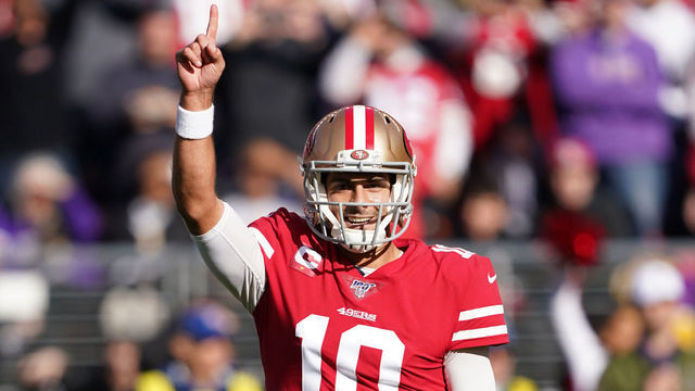 SANTA CLARA, CALIFORNIA - JANUARY 11: Jimmy Garoppolo #10 of the San Francisco 49ers reacts to throwing a touchdown pass in the first quarter during the NFC Divisional Round Playoff game against the Minnesota Vikings at Levi's Stadium on January 11, 2020 in Santa Clara, California.