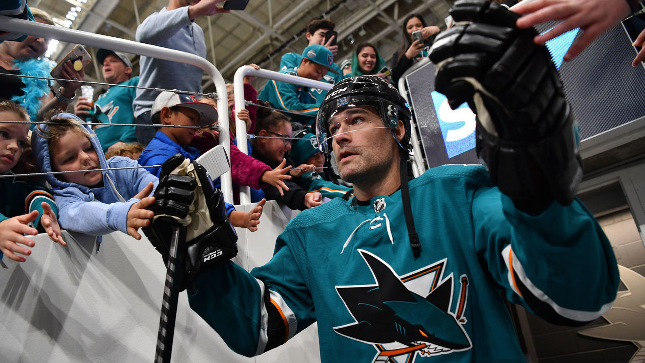 SAN JOSE, CA - NOVEMBER 23: Patrick Marleau #12 of the San Jose Sharks prepares to enter the ice forward ups before facing the New York Islanders at SAP Center on November 23, 2019 in San Jose, California.