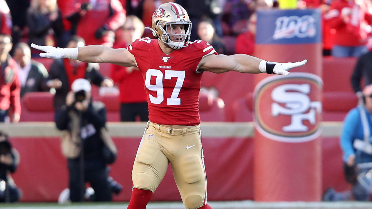 SANTA CLARA, CALIFORNIA - JANUARY 11: Nick Bosa #97 of the San Francisco 49ers reacts to a broken up pass play during the third quarter against the Minnesota Vikings during the NFC Divisional Round Playoff game at Levi's Stadium on January 11, 2020 in Santa Clara, California.