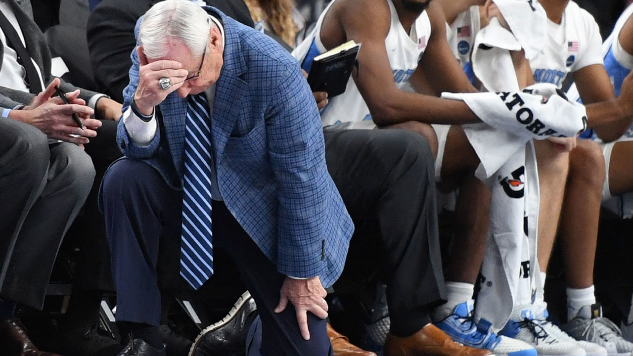 LAS VEGAS, NEVADA - DECEMBER 21: Head coach Roy Williams of the North Carolina Tar Heels reacts after his players turned the ball over against the UCLA Bruins during the CBS Sports Classic at T-Mobile Arena on December 21, 2019 in Las Vegas, Nevada. The Tar Heels defeated the Bruins 74-64.
