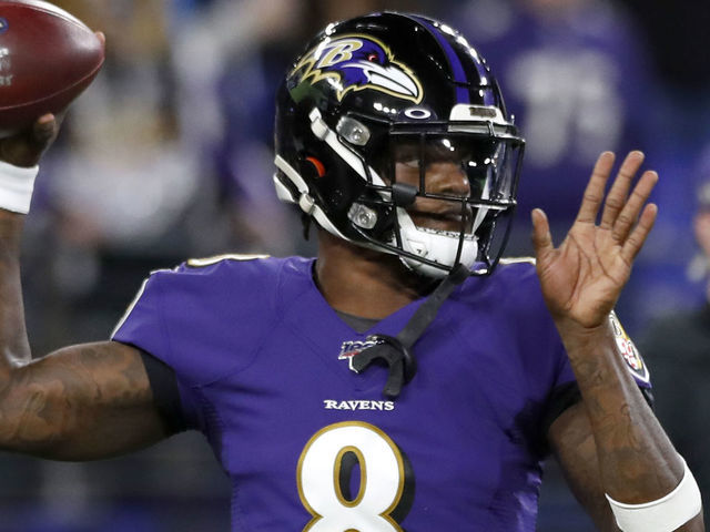 BALTIMORE, MARYLAND - JANUARY 11: Quarterback Lamar Jackson #8 of the Baltimore Ravens warms up before the AFC Divisional Playoff game against the Tennessee Titans at M&T Bank Stadium on January 11, 2020 in Baltimore, Maryland.