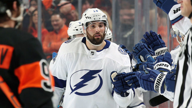 PHILADELPHIA, PA - JANUARY 11: Pat Maroon #14 of the Tampa Bay Lightning celebrates his second period goal against the Philadelphia Flyers with his teammates on the bench on January 11, 2020 at the Wells Fargo Center in Philadelphia, Pennsylvania.
