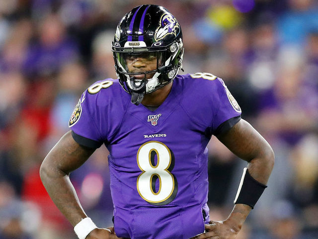 BALTIMORE, MARYLAND - JANUARY 11: Lamar Jackson #8 of the Baltimore Ravens reacts during the first half against the Tennessee Titans in the AFC Divisional Playoff game at M&T Bank Stadium on January 11, 2020 in Baltimore, Maryland.