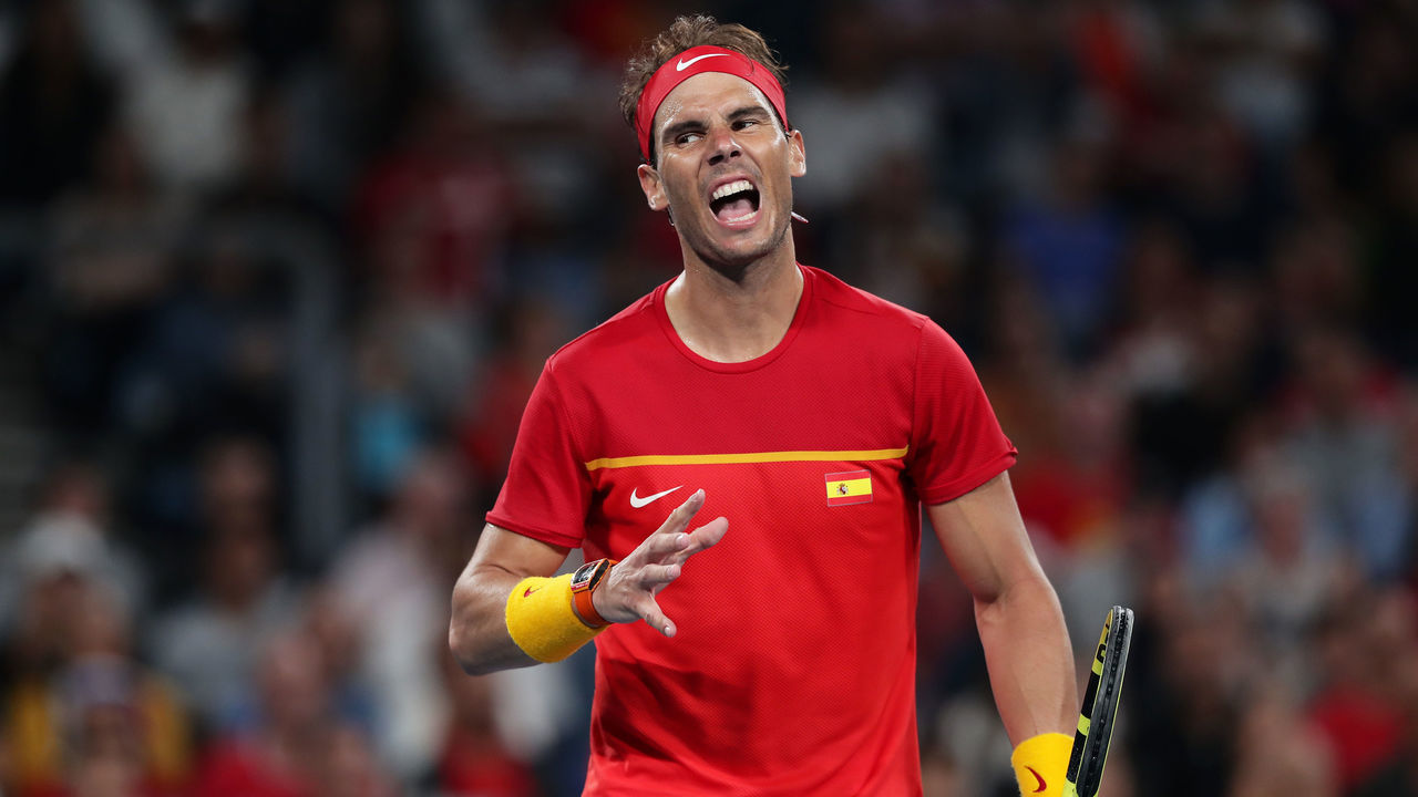 SYDNEY, AUSTRALIA - JANUARY 12: Rafael Nadal of Spain reacts after losing a point during his final singles match against Novak Djokovic of Serbia during day 10 of the ATP Cup at Ken Rosewall Arena on January 12, 2020 in Sydney, Australia.