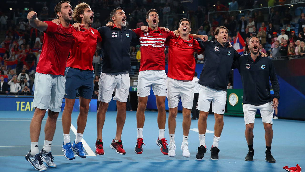 SYDNEY, AUSTRALIA - JANUARY 12: Team Serbia celebrate after winning the ATP Cup on day 10 of the ATP Cup at Ken Rosewall Arena on January 12, 2020 in Sydney, Australia.