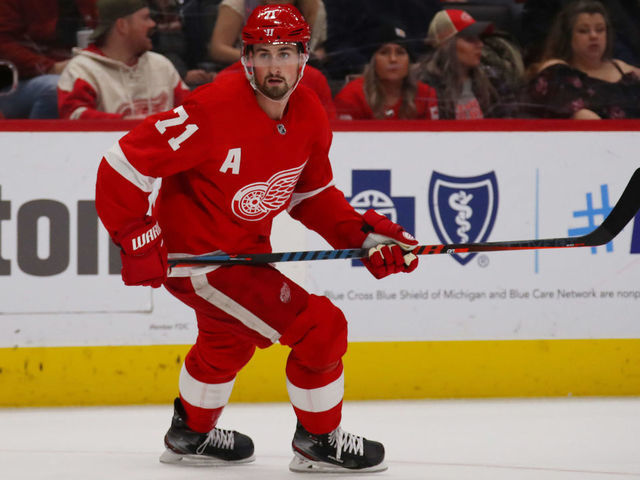 DETROIT, MICHIGAN - DECEMBER 31: Dylan Larkin #71 of the Detroit Red Wings skates against the San Jose Sharks at Little Caesars Arena on December 31, 2019 in Detroit, Michigan.