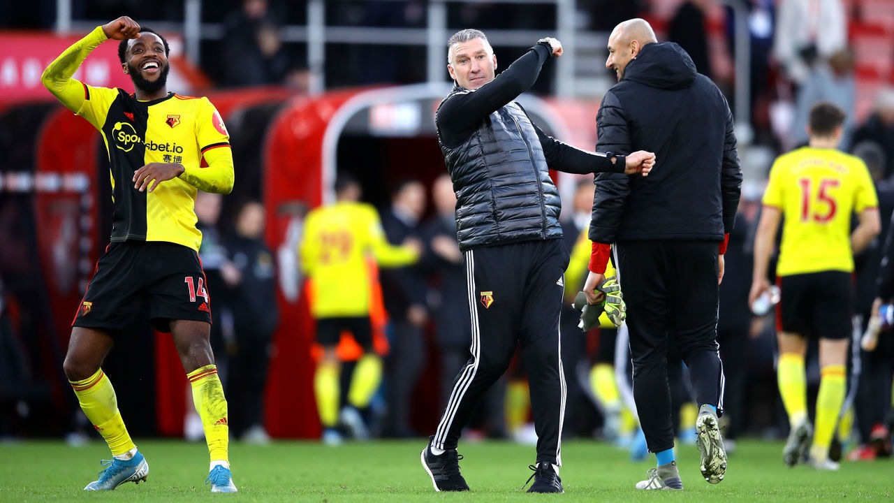 BOURNEMOUTH, ENGLAND - JANUARY 12: Nigel Pearson, Manager of Watford and Nathaniel Chalobah of Watford celebrate victory during the Premier League match between AFC Bournemouth and Watford FC at Vitality Stadium on January 12, 2020 in Bournemouth, United Kingdom.