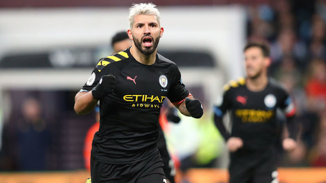 BIRMINGHAM, ENGLAND - JANUARY 12: Sergio Aguero of Manchester City celebrates after scoring his second goal and their fifth during the Premier League match between Aston Villa and Manchester City at Villa Park on January 12, 2020 in Birmingham, United Kingdom.