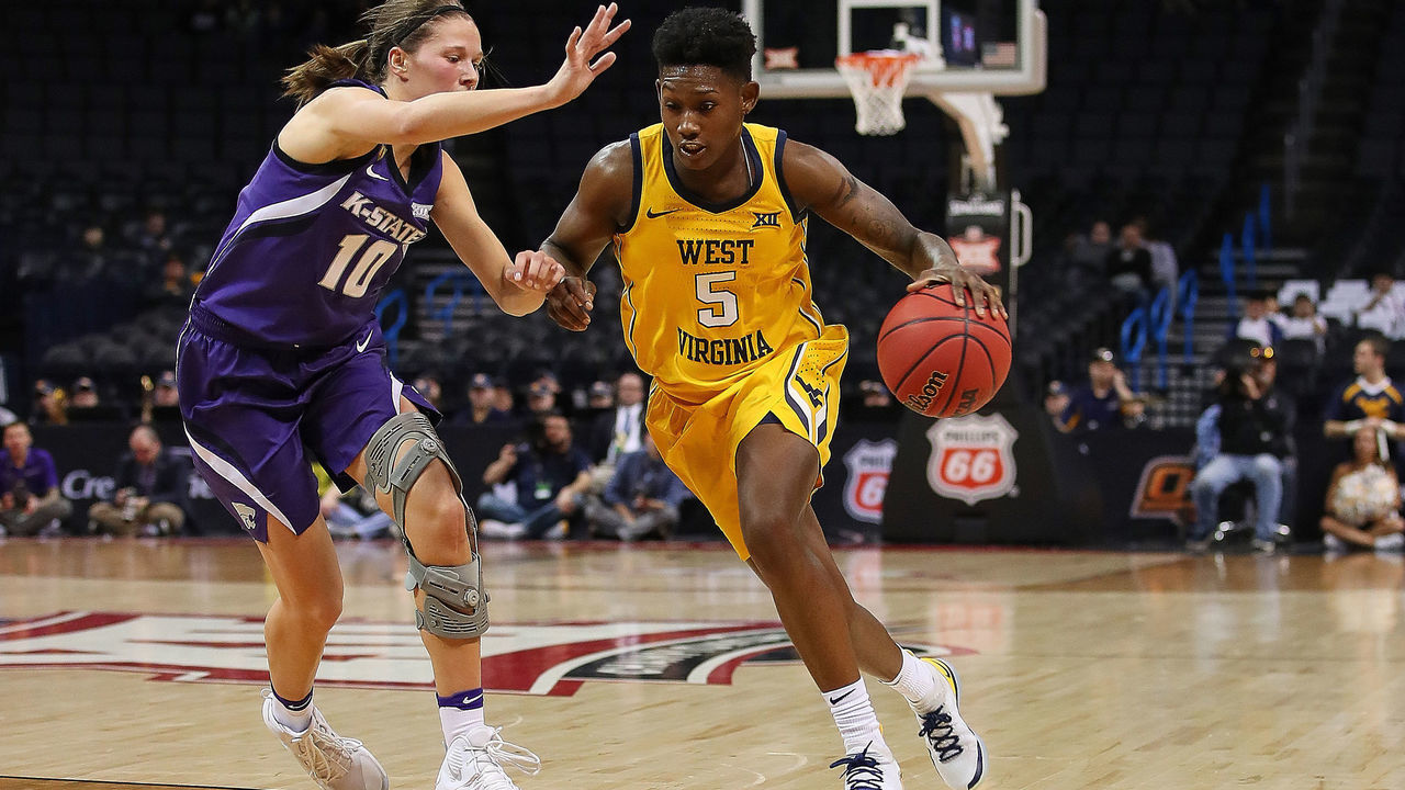 OKLAHOMA CITY, OK - MARCH 09: West Virginia Mountaineers Guard Tynice Martin (04) works to get past Kansas State Wildcats Guard Kayla Goth (10) during the BIG12 Women's basketball tournament between the West Virginia Mountaineers and the Kansas State Wildcats on March 9, 2019, at the Chesapeake Energy Arena in Oklahoma City, OK.