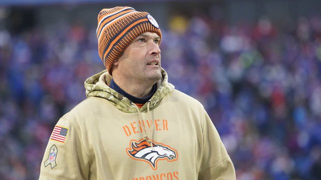 ORCHARD PARK, NY - NOVEMBER 24: Denver Broncos Offensive Coordinator Rich Scangarello looks on from the sidelines during the second half of the National Football League game between the Denver Broncos and the Buffalo Bills on November 24, 2019, at New Era Field in Orchard Park, NY.