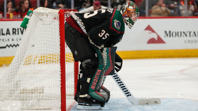 GLENDALE, AZ - DECEMBER 14: Arizona Coyotes goaltender Darcy Kuemper (35) looks on during the NHL hockey game between the New Jersey Devils and the Arizona Coyotes on December 14, 2019 at Gila River Arena in Glendale, Arizona.