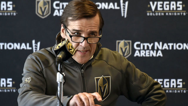 LAS VEGAS, NEVADA - MAY 02: Vegas Golden Knights President of Hockey Operations George McPhee speaks at a news conference announcing Kelly McCrimmon's promotion to general manager at City National Arena on May 02, 2019 in Las Vegas, Nevada.