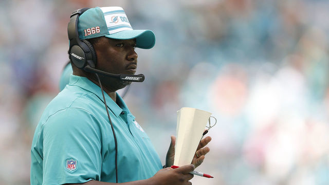 MIAMI, FLORIDA - SEPTEMBER 29: Defensive coordinator Patrick Graham reacts against the Los Angeles Chargers during the second quarter at Hard Rock Stadium on September 29, 2019 in Miami, Florida.
