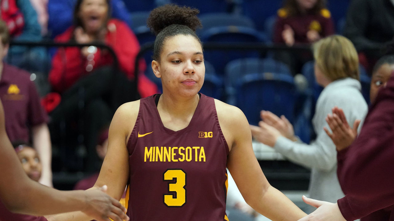 WASHINGTON, DC - DECEMBER 10: Destiny Pitts #3 of the Minnesota Golden Gophers is introduced before a women's college basketball game against the George Washington Colonials at the Smith Center on December 10, 2019 in Washington, DC.
