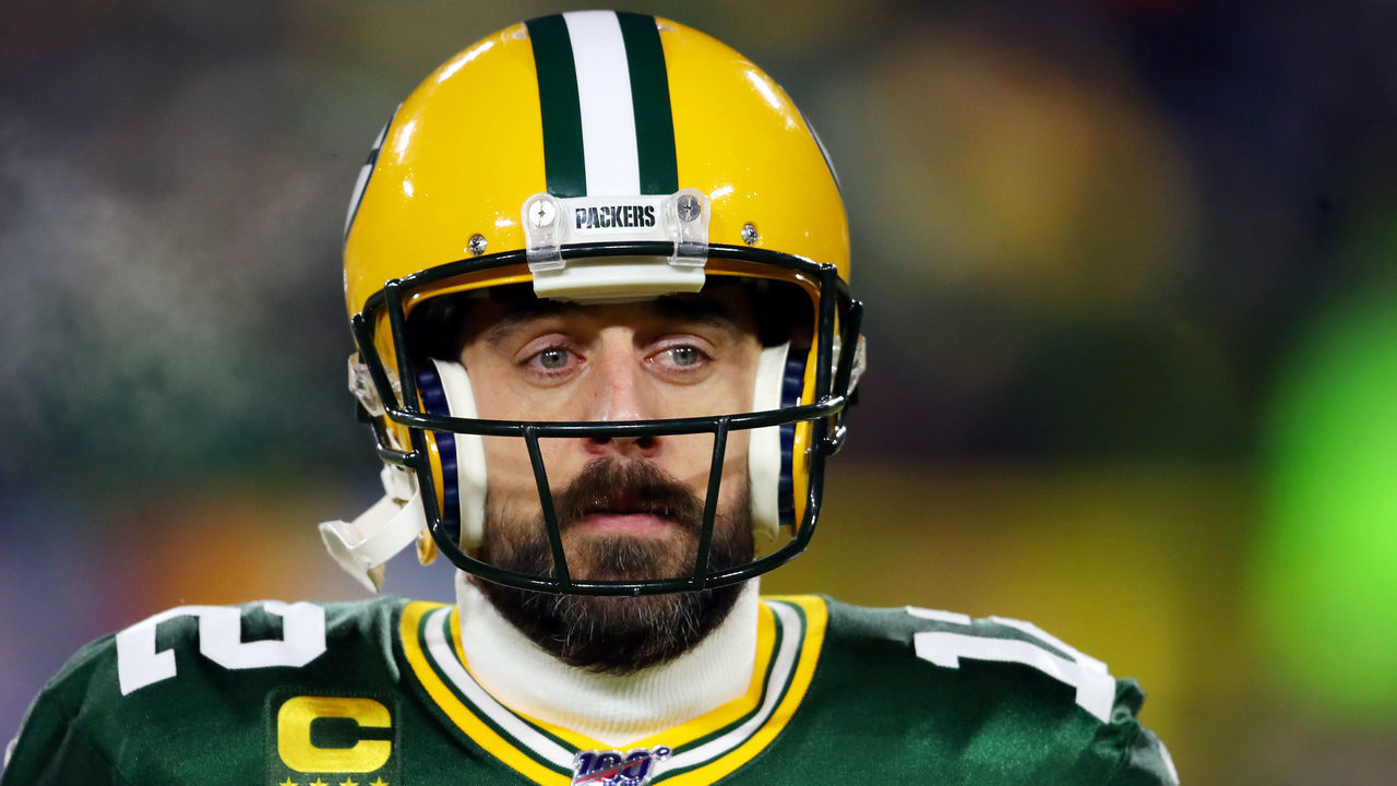 GREEN BAY, WISCONSIN - JANUARY 12: Aaron Rodgers #12 of the Green Bay Packers looks on before the NFC Divisional Playoff game against the Seattle Seahawks at Lambeau Field on January 12, 2020 in Green Bay, Wisconsin.