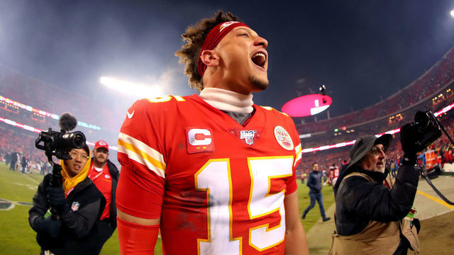 KANSAS CITY, MISSOURI - JANUARY 12: Patrick Mahomes #15 of the Kansas City Chiefs celebrates his teams win against the Houston Texans in the AFC Divisional playoff game at Arrowhead Stadium on January 12, 2020 in Kansas City, Missouri.