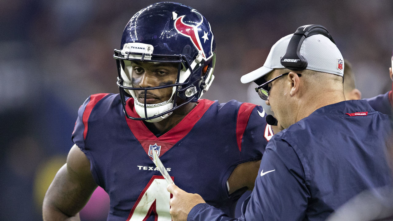HOUSTON, TX - OCTOBER 7: Deshaun Watson #4 and Head Coach Bill O'Brien of the Houston Texans talk during a timeout during the second half of a game against the Dallas Cowboys at NRG Stadium on October 7, 2018 in Houston, Texans. The Texans defeated the Cowboys in overtime 19-16.