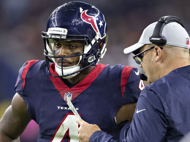 HOUSTON, TX - OCTOBER 7: Deshaun Watson #4 and Head Coach Bill O'Brien of the Houston Texans talk during a timeout during the second half of a game against the Dallas Cowboys at NRG Stadium on October 7, 2018 in Houston, Texans. The Texans defeated the Cowboys in overtime 19-16.