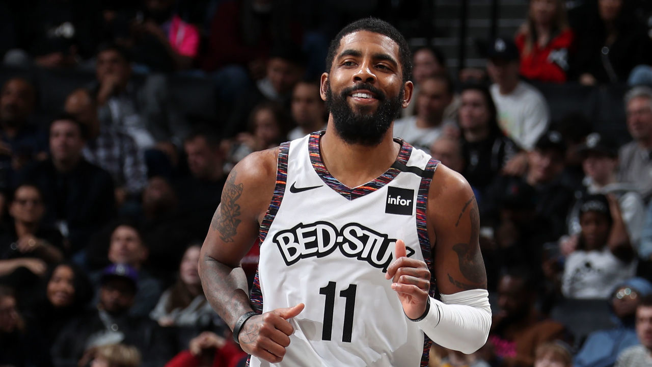 BROOKLYN, NY - JANUARY 12: Kyrie Irving #11 of the Brooklyn Nets smiles during the game against the Atlanta Hawks on January 12, 2020 at Barclays Center in Brooklyn, New York. Mandatory Copyright Notice: Copyright 2020 NBAE