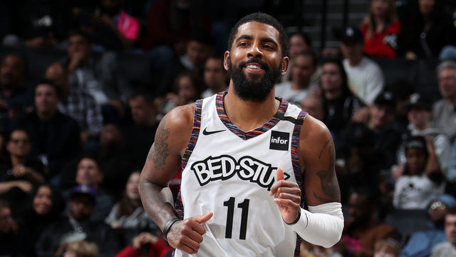 BROOKLYN, NY - JANUARY 12: Kyrie Irving #11 of the Brooklyn Nets smiles during the game against the Atlanta Hawks on January 12, 2020 at Barclays Center in Brooklyn, New York. Mandatory Copyright Notice: Copyright 2020 NBAE