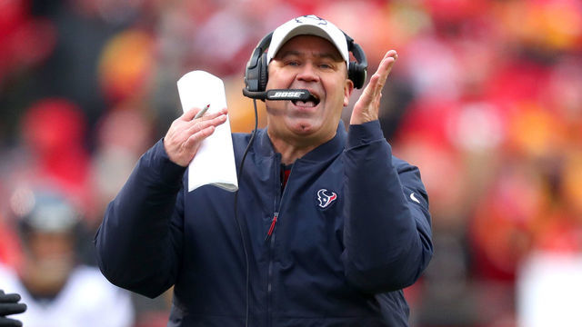 KANSAS CITY, MISSOURI - JANUARY 12: Head coach Bill O'Brien of the Houston Texans reacts against the Kansas City Chiefs during the second quarter in the AFC Divisional playoff game at Arrowhead Stadium on January 12, 2020 in Kansas City, Missouri.