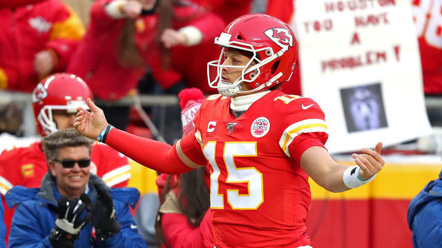 KANSAS CITY, MISSOURI - JANUARY 12: Patrick Mahomes #15 of the Kansas City Chiefs celebrates a first down run against the Houston Texans during the second quarter in the AFC Divisional playoff game at Arrowhead Stadium on January 12, 2020 in Kansas City, Missouri.