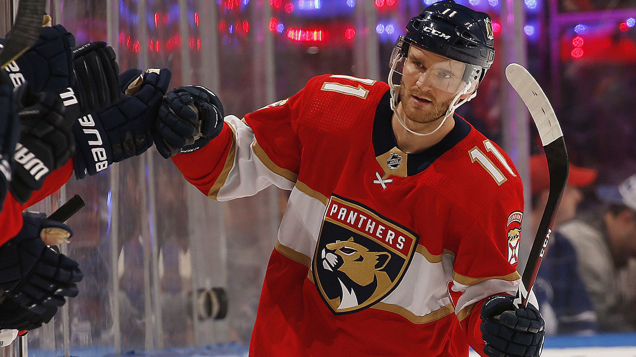 SUNRISE, FL - JANUARY 12: Jonathan Huberdeau #11 of the Florida Panthers celebrates his goal with teammates during the second period against the Toronto Maple Leafs at the BB&T Center on January 12, 2020 in Sunrise, Florida.
