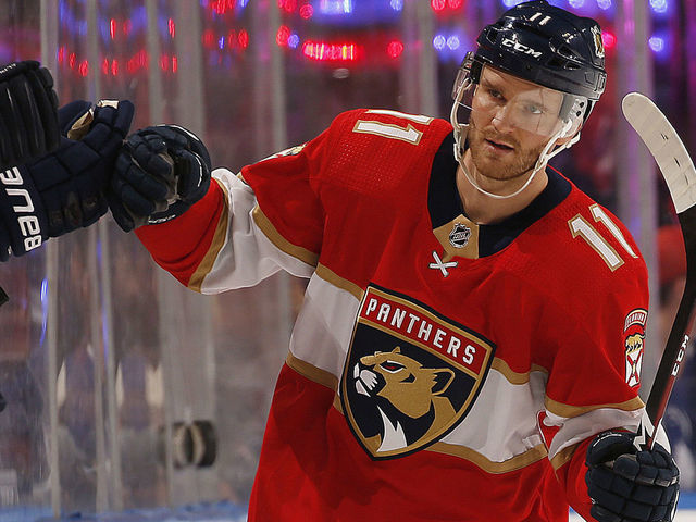SUNRISE, FL - JANUARY 12: Jonathan Huberdeau #11 of the Florida Panthers celebrates his goal with teammates during the second period against the Toronto Maple Leafs at the BB&T Center on January 12, 2020 in Sunrise, Florida.