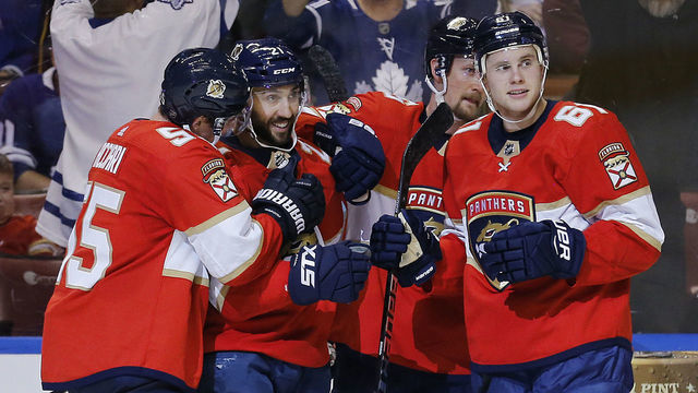 SUNRISE, FLORIDA - JANUARY 12: Vincent Trocheck #21 of the Florida Panthers celebrates with teammates after a goal against the Toronto Maple Leafs during the second period at BB&T Center on January 12, 2020 in Sunrise, Florida.