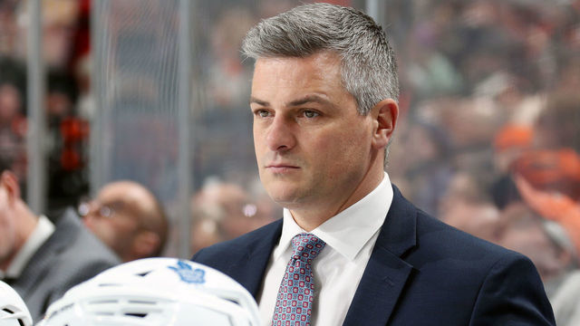 PHILADELPHIA, PA - DECEMBER 03: Head Coach of the Toronto Maple Leafs Sheldon Keefe watches a play develop on the ice against the Philadelphia Flyers on December 3, 2019 at the Wells Fargo Center in Philadelphia, Pennsylvania.