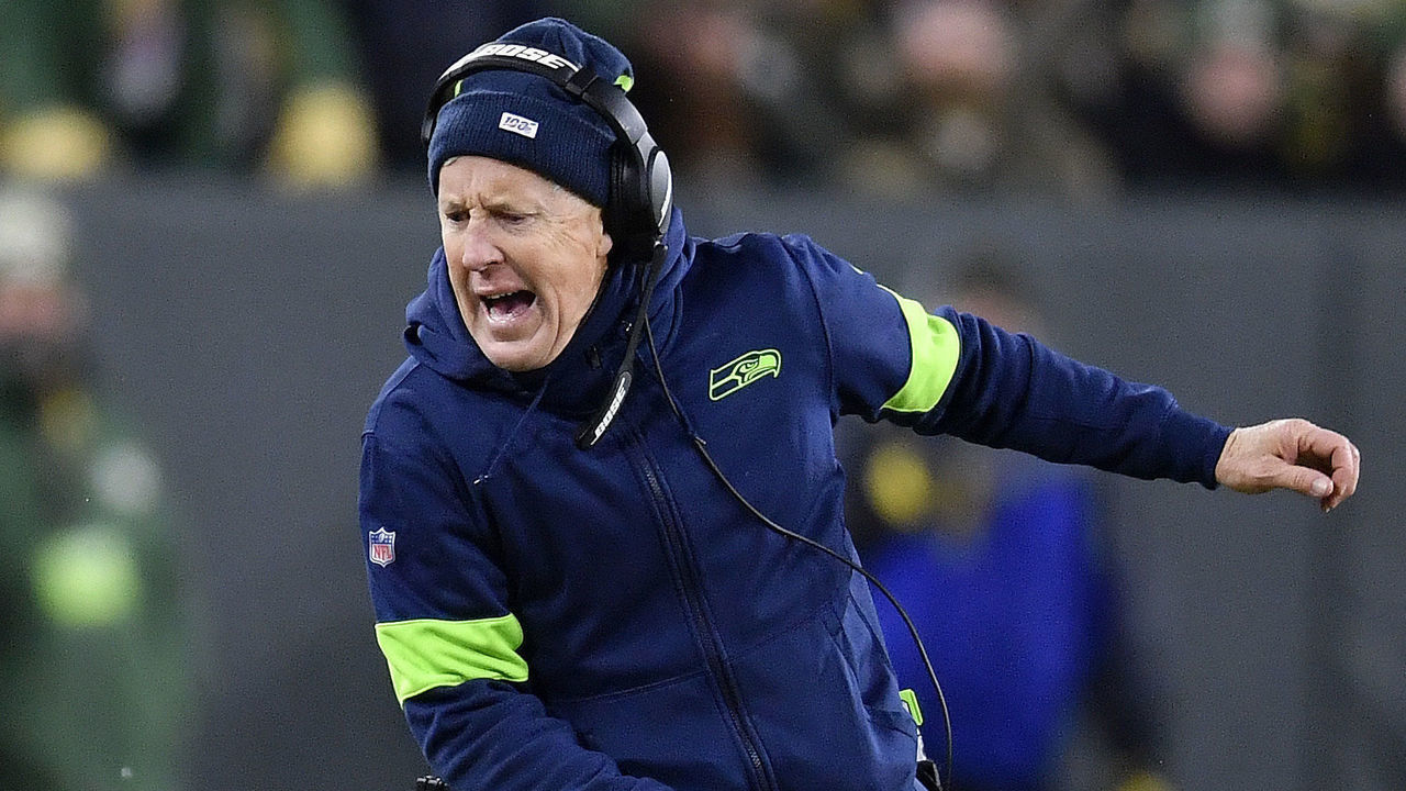 GREEN BAY, WISCONSIN - JANUARY 12: Head coach Pete Carroll of the Seattle Seahawks reacts to a first down call at the end of the fourth quarter as they take on the Green Bay Packers in the NFC Divisional Playoff game at Lambeau Field on January 12, 2020 in Green Bay, Wisconsin. The Green Bay Packers won 28-23.