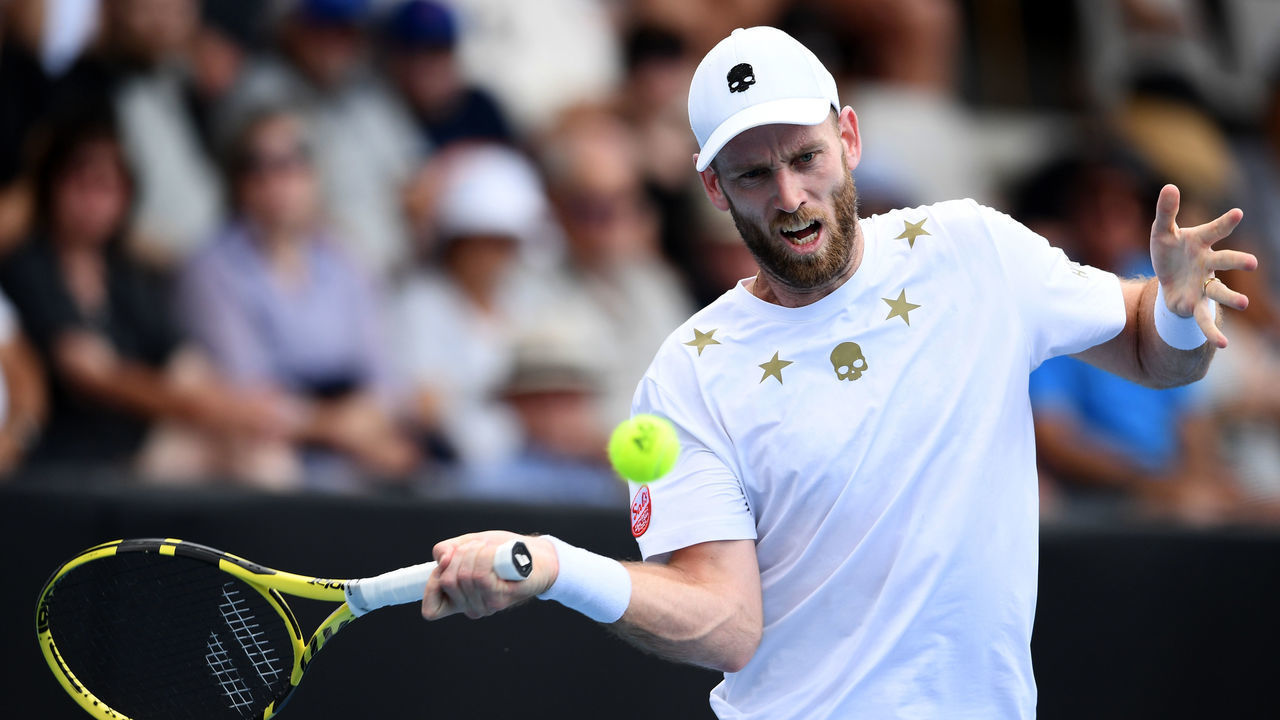 AUCKLAND, NEW ZEALAND - JANUARY 13: Michael Venus of New Zealand plays a forehand in his Men's singles match against Tennys Sandgren of USA during day one of the 2020 Men's ASB Classic at ASB Tennis Centre on January 13, 2020 in Auckland, New Zealand.