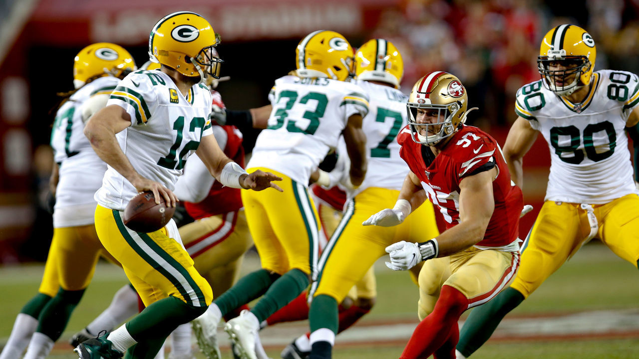 SANTA CLARA, CA - NOVEMBER 24: Nick Bosa #97 of the San Francisco 49ers pressures Aaron Rodgers #12 of the Green Bay Packers during the game at Levi's Stadium on November 24, 2019 in Santa Clara, California. The 49ers defeated the Packers 37-8.