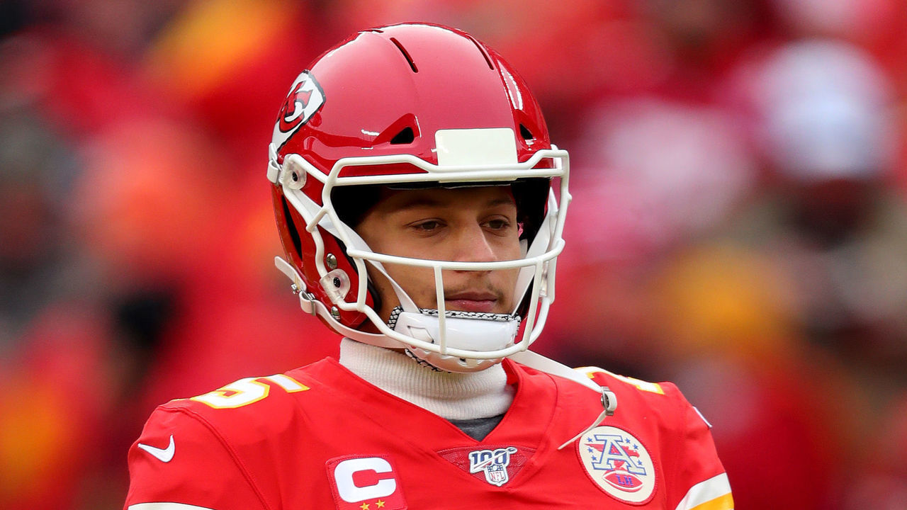 KANSAS CITY, MISSOURI - JANUARY 12: Patrick Mahomes #15 of the Kansas City Chiefs warms up prior to the AFC Divisional playoff game against the Houston Texans at Arrowhead Stadium on January 12, 2020 in Kansas City, Missouri.