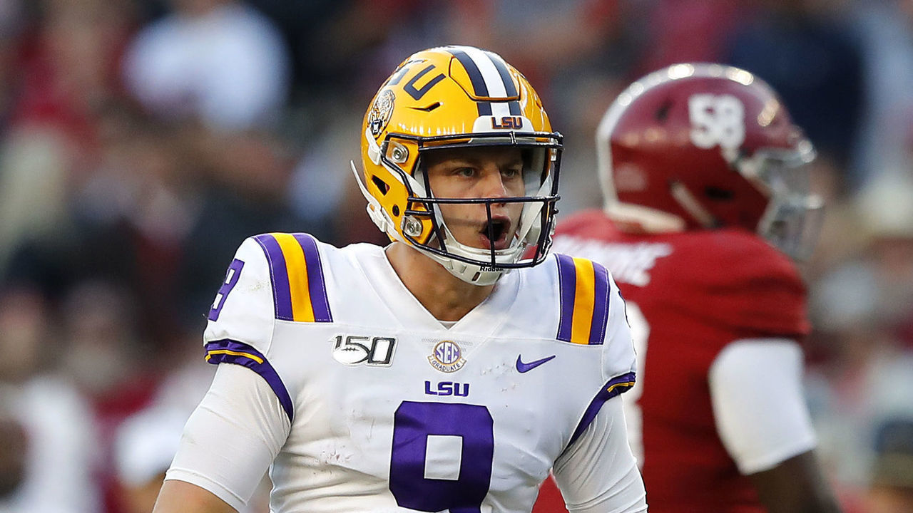 TUSCALOOSA, ALABAMA - NOVEMBER 09: Joe Burrow #9 of the LSU Tigers celebrates after throwing a 13-yard touchdown pass during the second quarter against the Alabama Crimson Tide in the game at Bryant-Denny Stadium on November 09, 2019 in Tuscaloosa, Alabama.