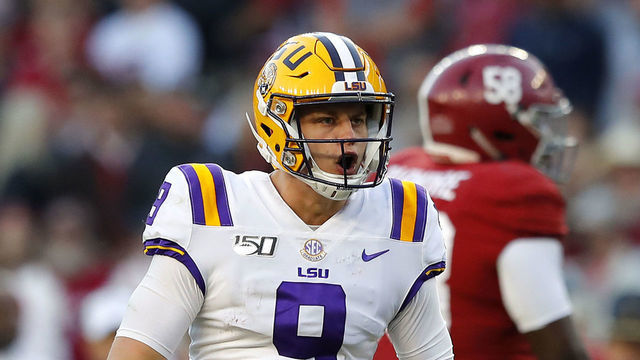TUSCALOOSA, ALABAMA - NOVEMBER 09: Joe Burrow #9 of the LSU Tigers celebrates after throwing a 13-yard touchdown pass during the second quarter against the Alabama Crimson Tide in the game at Bryant-Denny Stadium on November 09, 2019 in Tuscaloosa, Alabama.