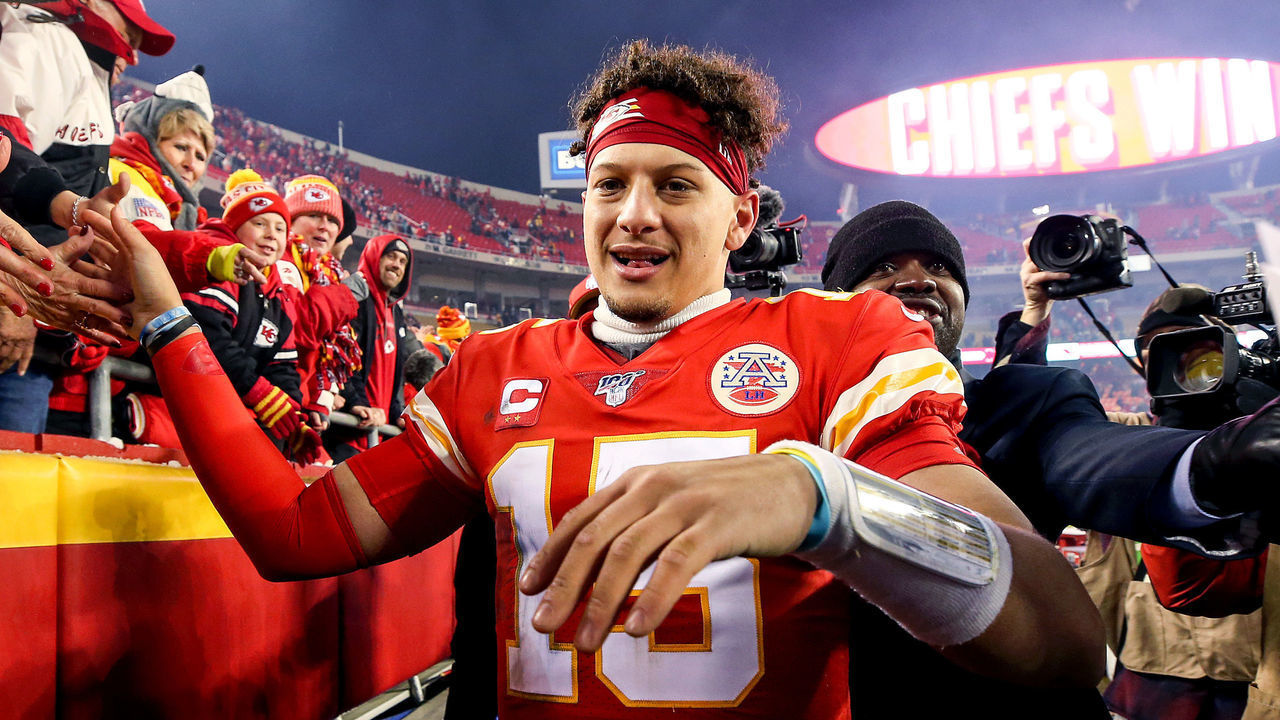 KANSAS CITY, MISSOURI - JANUARY 12: Patrick Mahomes #15 of the Kansas City Chiefs celebrates his teams win against the Houston Texans in the AFC Divisional playoff game at Arrowhead Stadium on January 12, 2020 in Kansas City, Missouri.